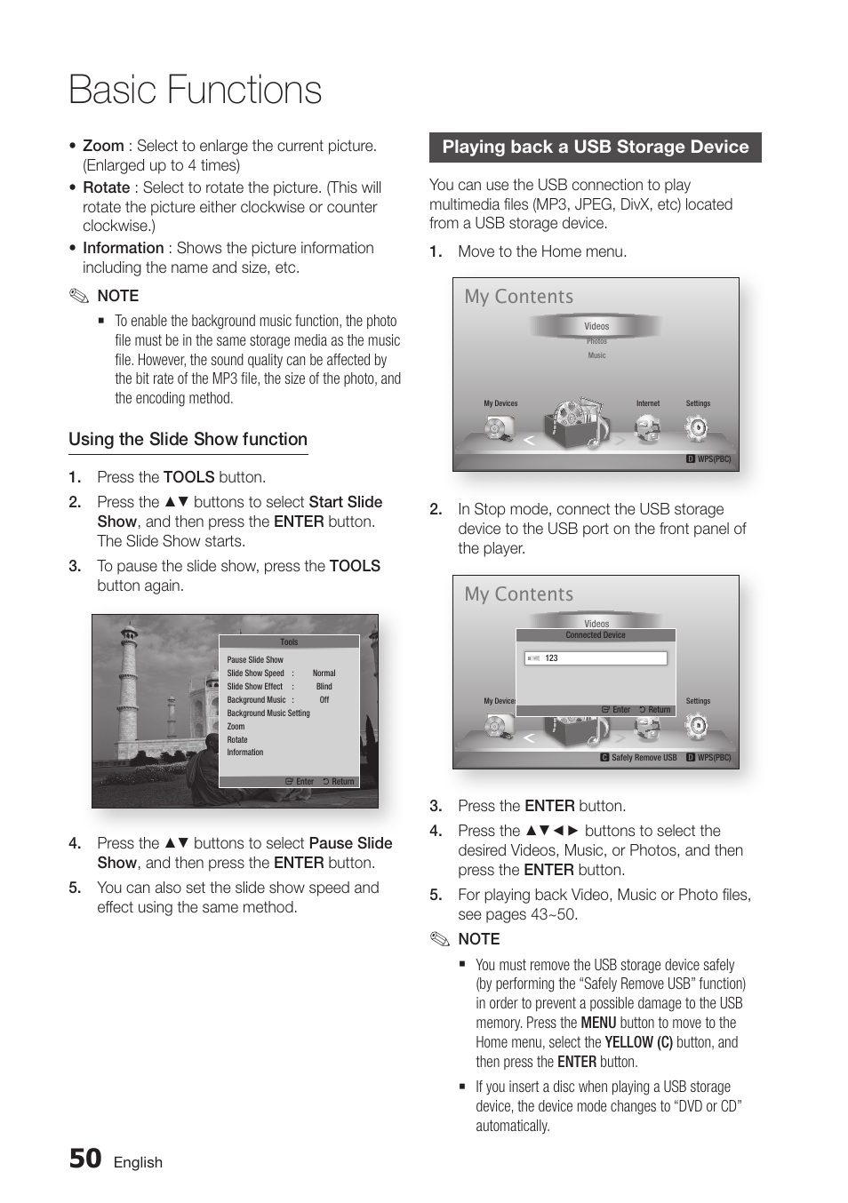 Playing back a usb storage device, 50 playing back a usb storage device, Basic functions | My contents | Samsung BD-D5700-ZA User Manual | Page 50 / 78