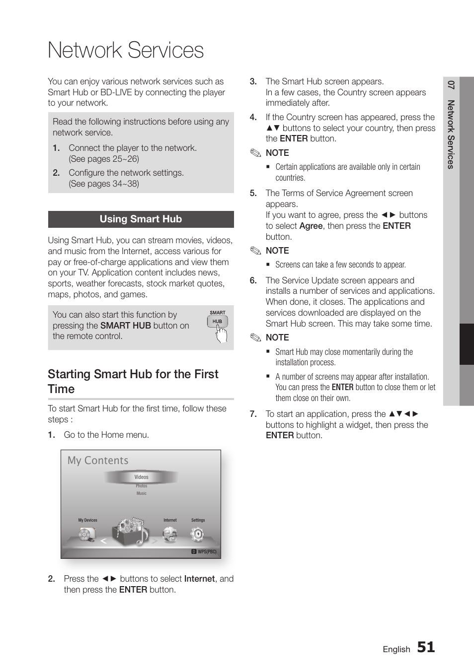 Network services, Using smart hub, Starting smart hub for the first time | 51 using smart hub | Samsung BD-D5700-ZA User Manual | Page 51 / 78