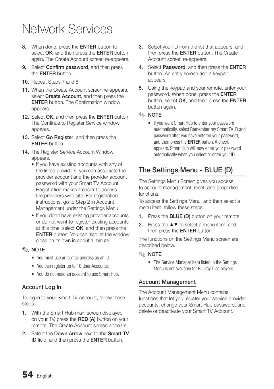The settings menu - blue (d), Network services | Samsung BD-D5700-ZA User Manual | Page 54 / 78