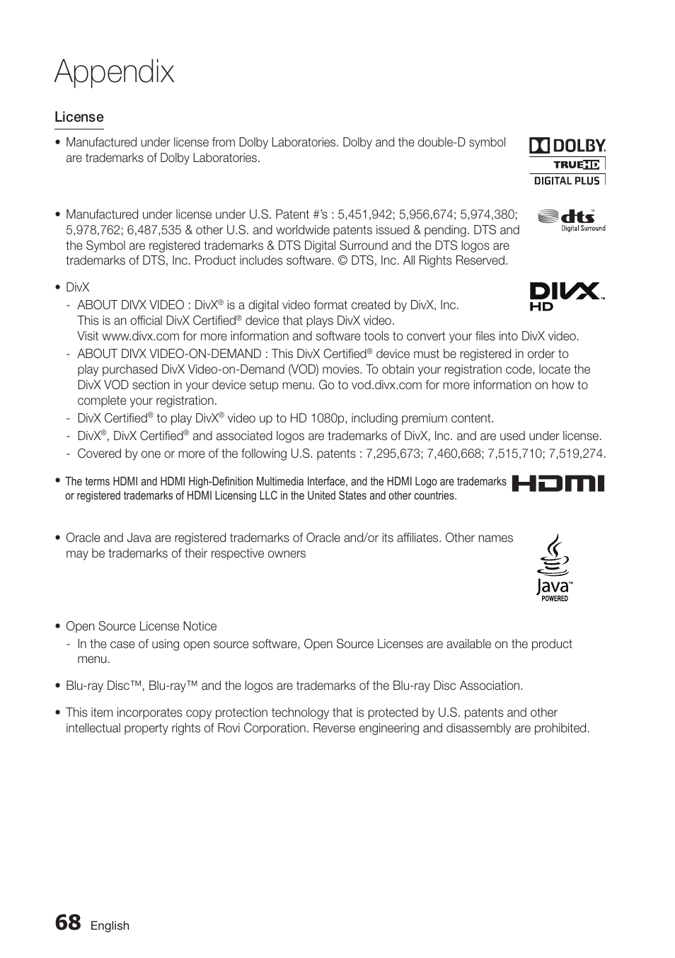 Appendix | Samsung BD-D5700-ZA User Manual | Page 68 / 78