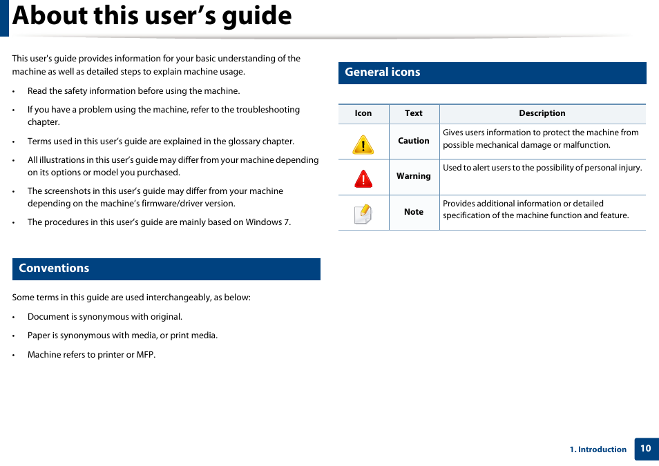 About this user’s guide, Conventions, General icons | Samsung SL-C1810W-XAA User Manual | Page 10 / 308