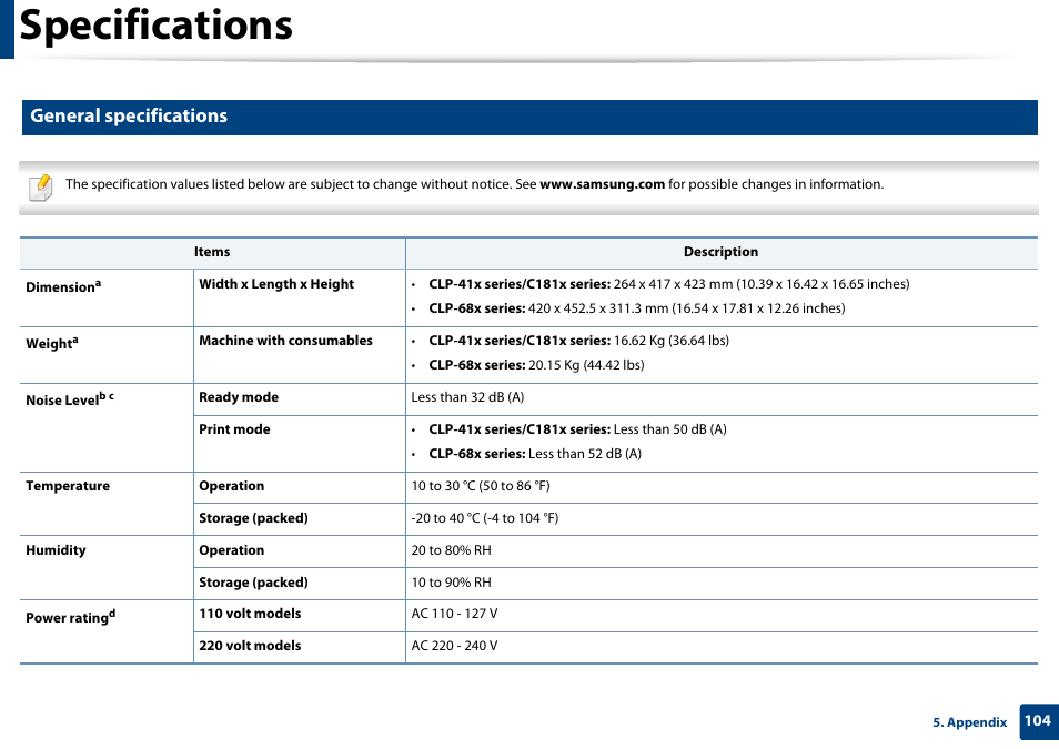 Specifications, General specifications | Samsung SL-C1810W-XAA User Manual | Page 104 / 308