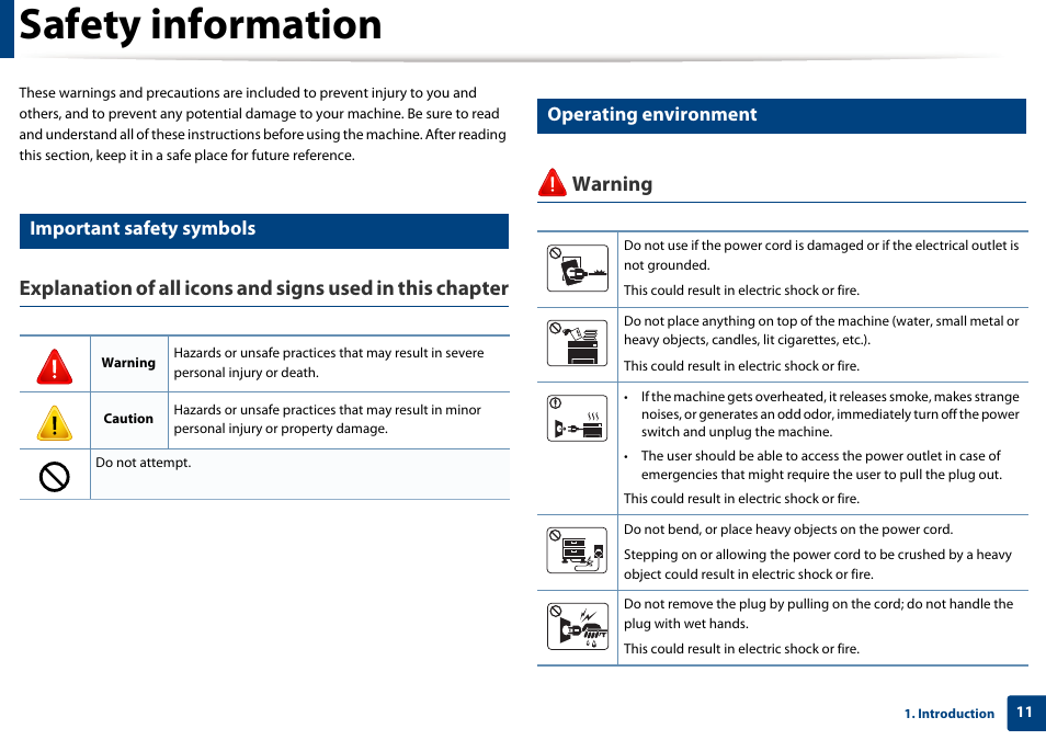 Safety information, Warning, Important safety symbols | Operating environment | Samsung SL-C1810W-XAA User Manual | Page 11 / 308
