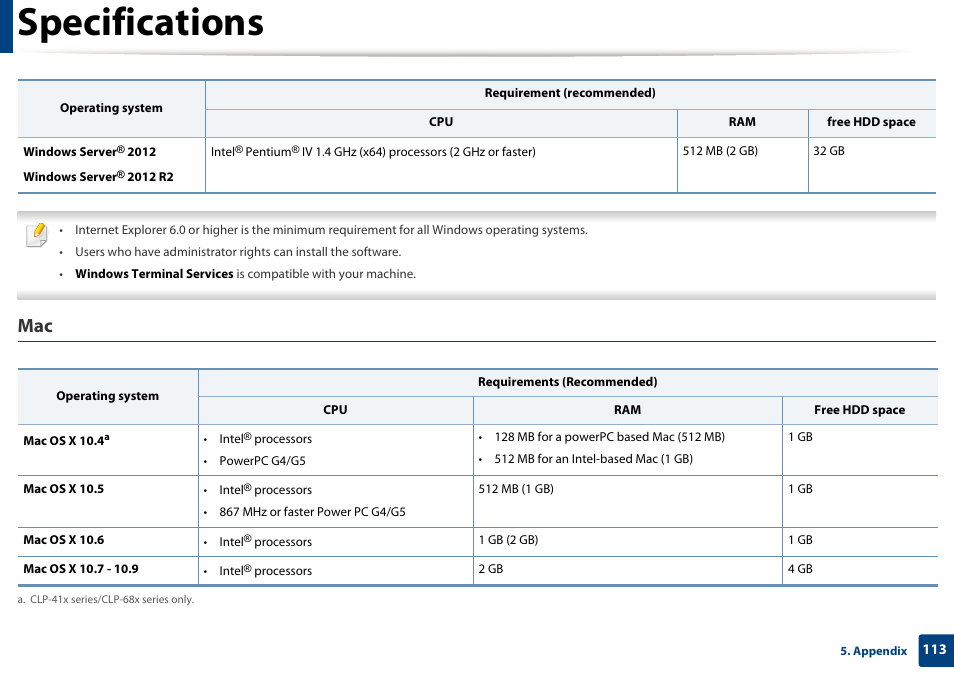 Specifications | Samsung SL-C1810W-XAA User Manual | Page 113 / 308