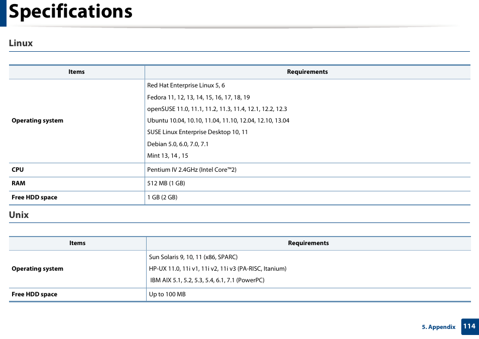Specifications, Linux, Unix | Samsung SL-C1810W-XAA User Manual | Page 114 / 308