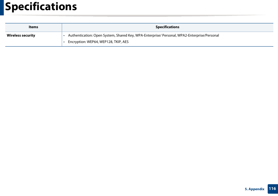 Specifications | Samsung SL-C1810W-XAA User Manual | Page 116 / 308