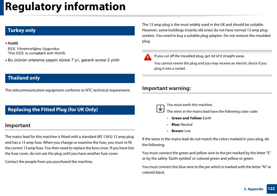 Regulatory information, Important, Important warning | Turkey only, Thailand only, Replacing the fitted plug (for uk only) | Samsung SL-C1810W-XAA User Manual | Page 122 / 308