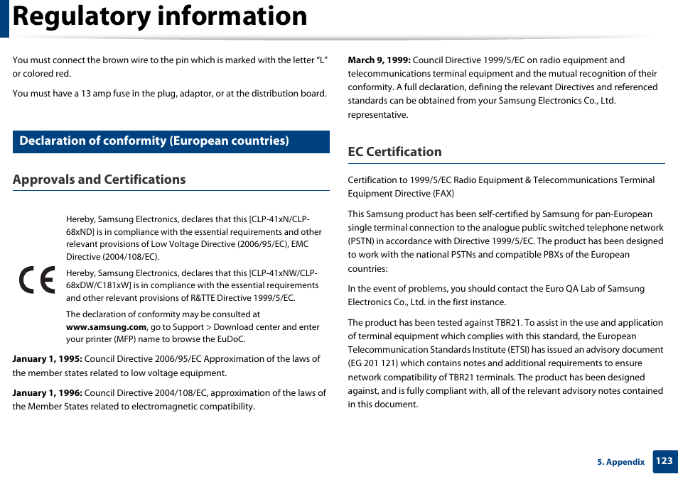 Regulatory information, Approvals and certifications, Ec certification | Declaration of conformity (european countries) | Samsung SL-C1810W-XAA User Manual | Page 123 / 308
