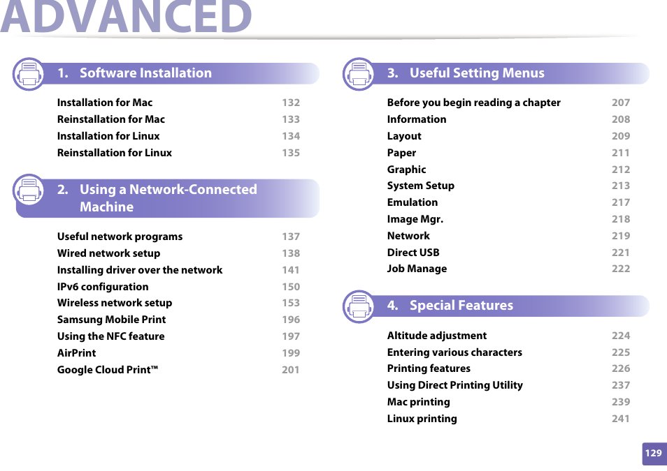 Advanced, Software installation, Using a network-connected machine | Useful setting menus, Special features | Samsung SL-C1810W-XAA User Manual | Page 129 / 308