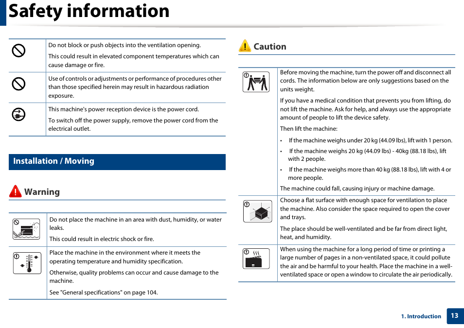 Safety information, Warning caution, Installation / moving | Samsung SL-C1810W-XAA User Manual | Page 13 / 308