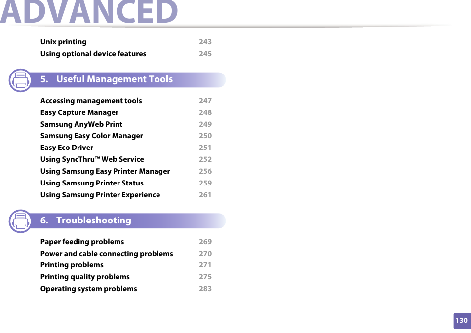 Advanced | Samsung SL-C1810W-XAA User Manual | Page 130 / 308