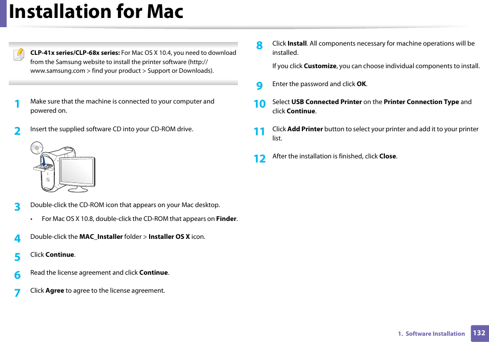 Installation for mac | Samsung SL-C1810W-XAA User Manual | Page 132 / 308