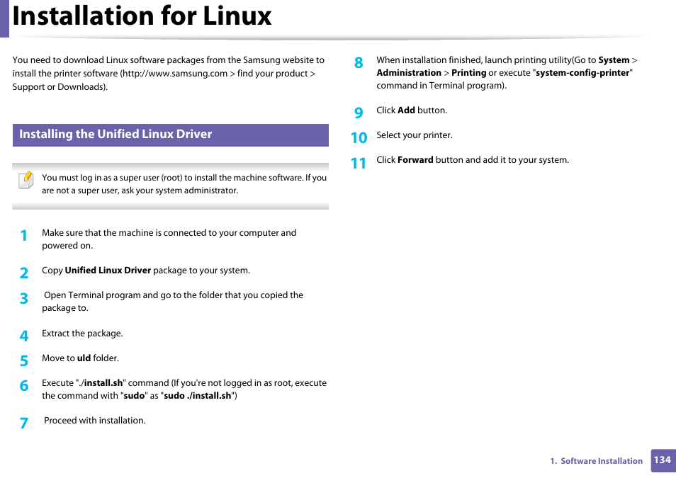 Installation for linux | Samsung SL-C1810W-XAA User Manual | Page 134 / 308