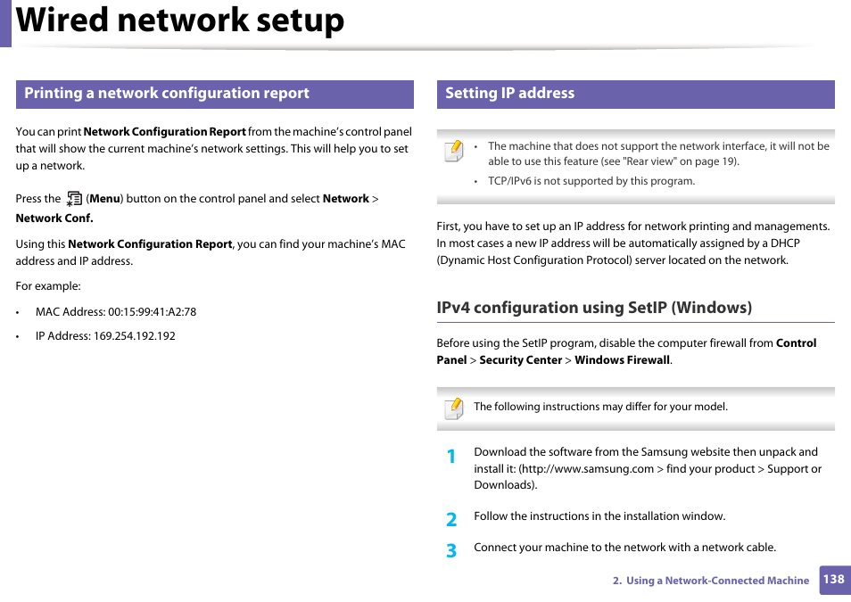 Wired network setup, Ipv4 configuration using setip (windows), Printing a network configuration report | Setting ip address | Samsung SL-C1810W-XAA User Manual | Page 138 / 308