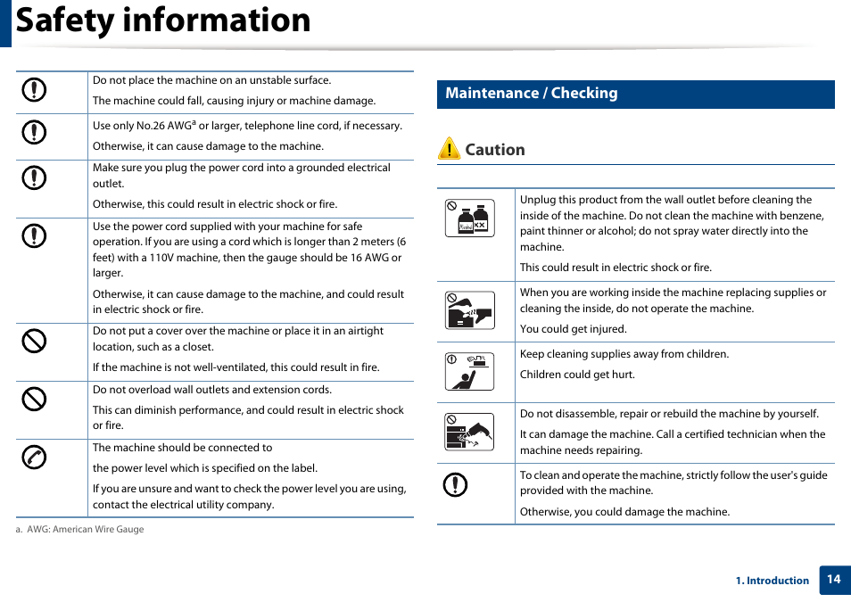 Safety information, Caution, Maintenance / checking | Samsung SL-C1810W-XAA User Manual | Page 14 / 308