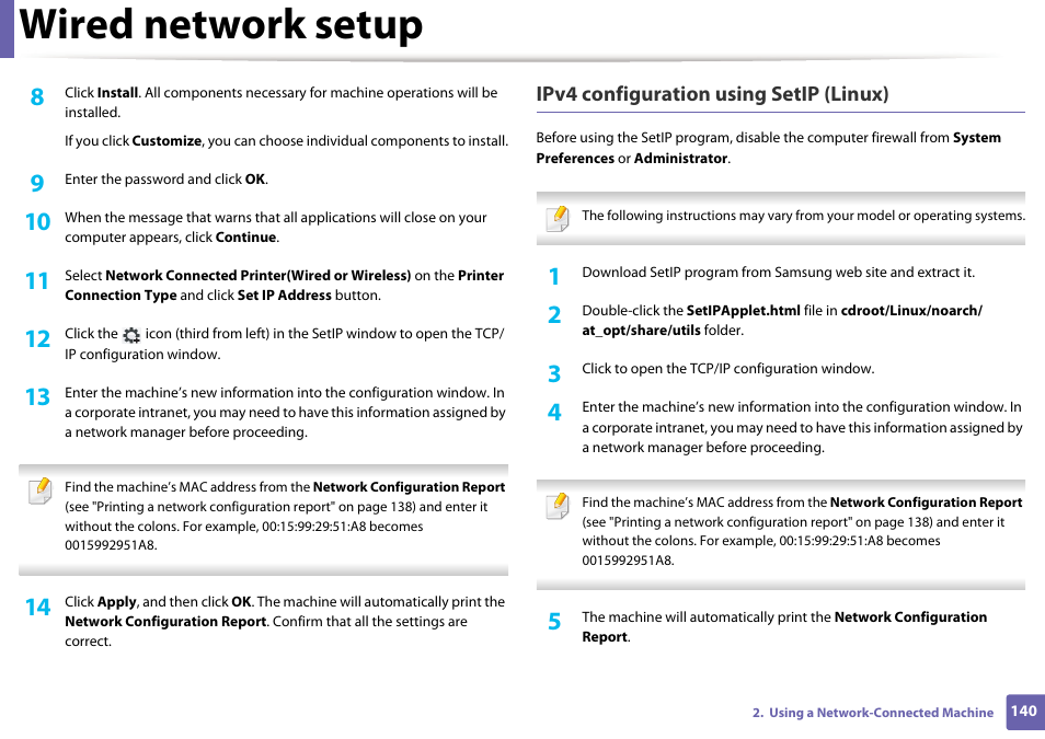 Wired network setup, Ipv4 configuration using setip (linux) | Samsung SL-C1810W-XAA User Manual | Page 140 / 308
