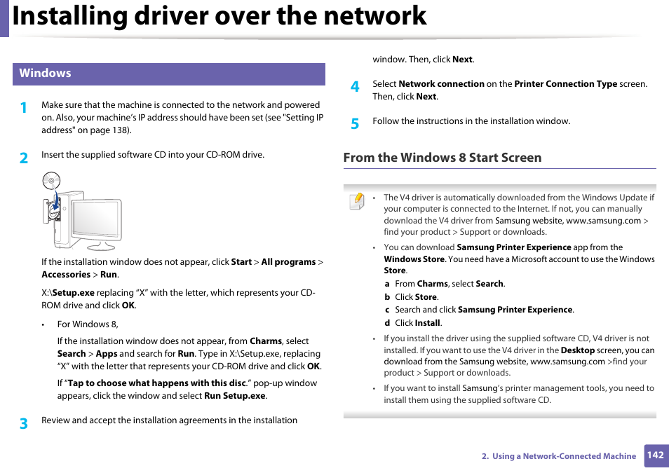 Installing driver over the network, Windows | Samsung SL-C1810W-XAA User Manual | Page 142 / 308