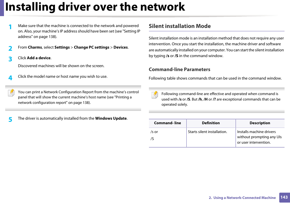 Installing driver over the network, Silent installation mode | Samsung SL-C1810W-XAA User Manual | Page 143 / 308