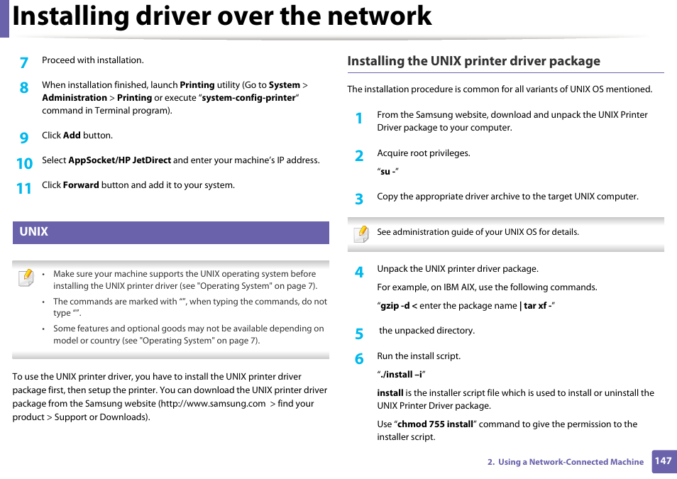 Installing driver over the network, Installing the unix printer driver package | Samsung SL-C1810W-XAA User Manual | Page 147 / 308