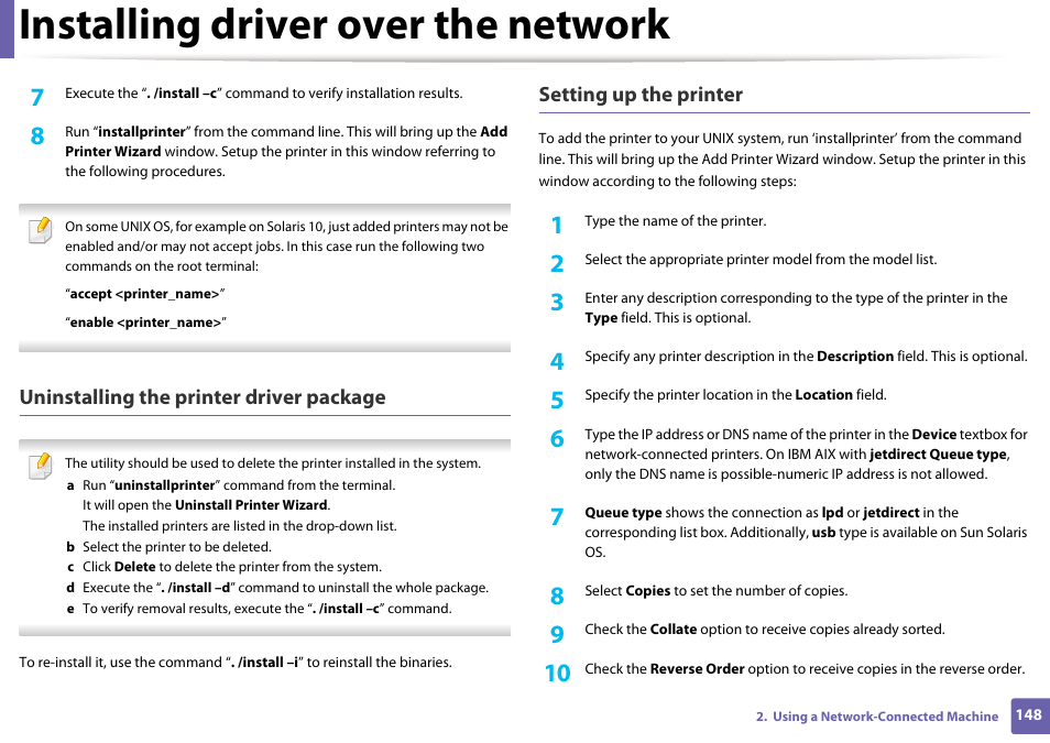 Installing driver over the network, Uninstalling the printer driver package, Setting up the printer | Samsung SL-C1810W-XAA User Manual | Page 148 / 308