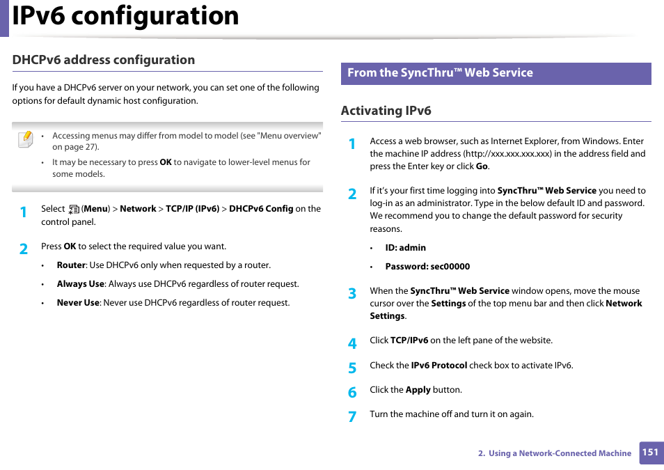 Ipv6 configuration, Dhcpv6 address configuration, Activating ipv6 | Samsung SL-C1810W-XAA User Manual | Page 151 / 308