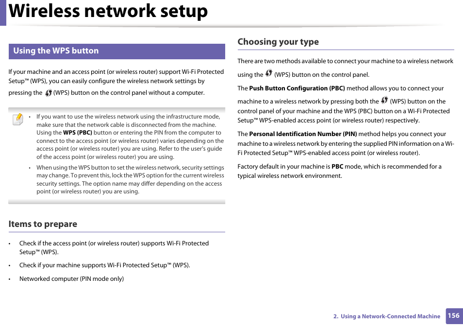 Wireless network setup, Items to prepare, Choosing your type | Using the wps button | Samsung SL-C1810W-XAA User Manual | Page 156 / 308