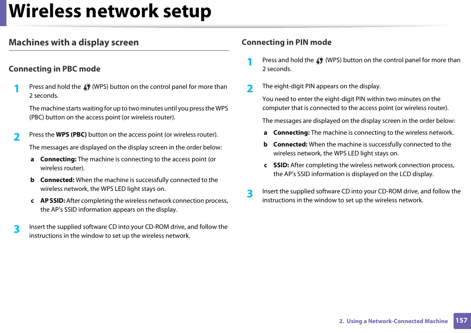 Wireless network setup, Machines with a display screen | Samsung SL-C1810W-XAA User Manual | Page 157 / 308