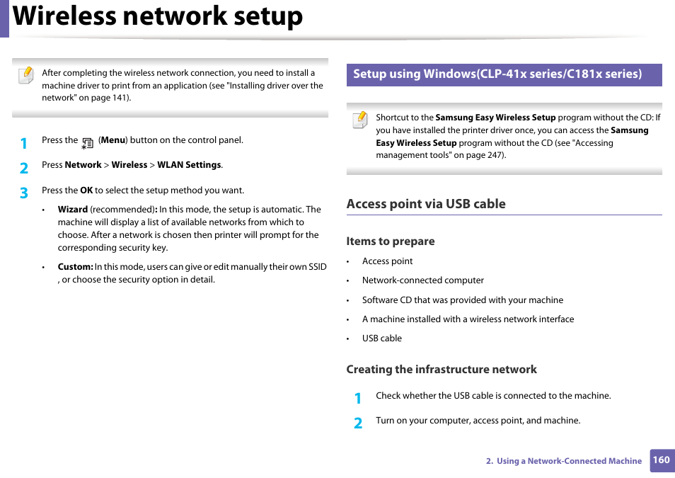 Wireless network setup, Access point via usb cable | Samsung SL-C1810W-XAA User Manual | Page 160 / 308