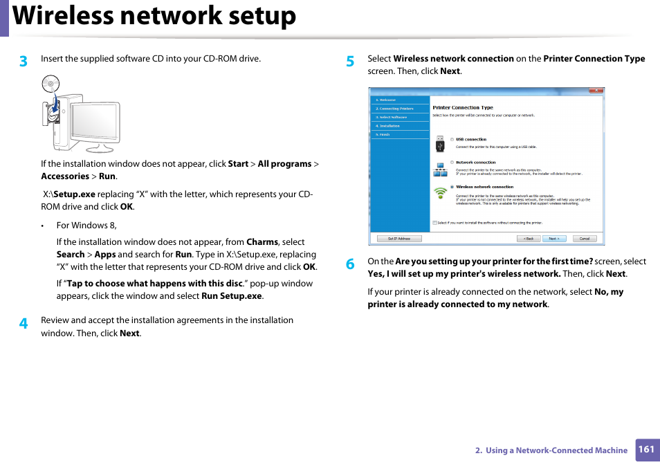 Wireless network setup | Samsung SL-C1810W-XAA User Manual | Page 161 / 308