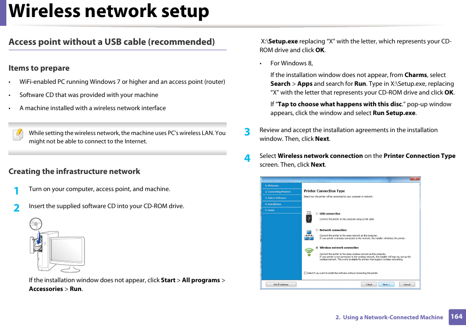 Wireless network setup, Access point without a usb cable (recommended) | Samsung SL-C1810W-XAA User Manual | Page 164 / 308