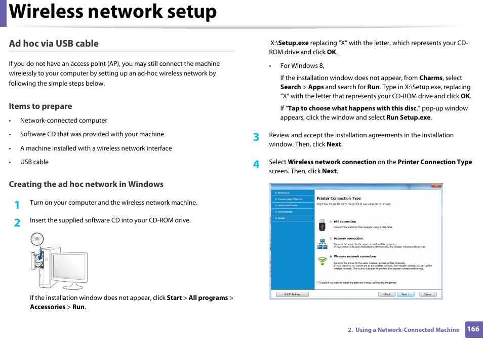 Wireless network setup, Ad hoc via usb cable | Samsung SL-C1810W-XAA User Manual | Page 166 / 308