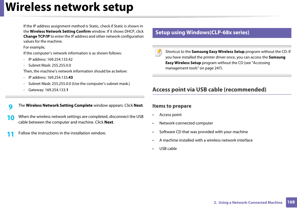 Wireless network setup, Access point via usb cable (recommended), Setup using windows(clp-68x series) | Samsung SL-C1810W-XAA User Manual | Page 168 / 308