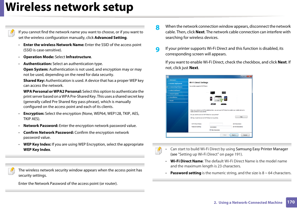 Wireless network setup | Samsung SL-C1810W-XAA User Manual | Page 170 / 308