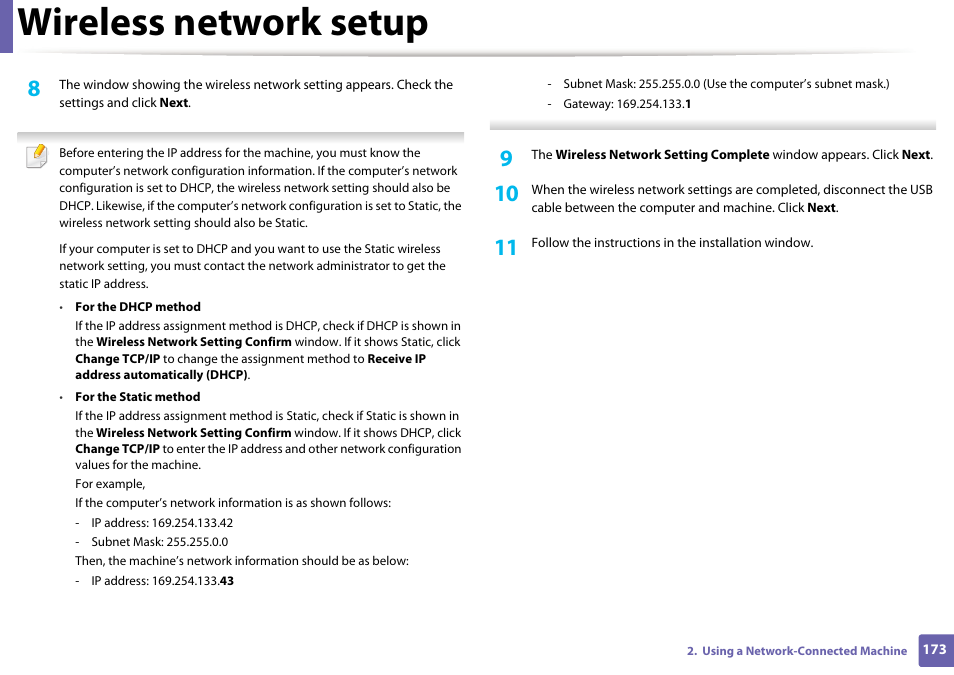 Wireless network setup | Samsung SL-C1810W-XAA User Manual | Page 173 / 308