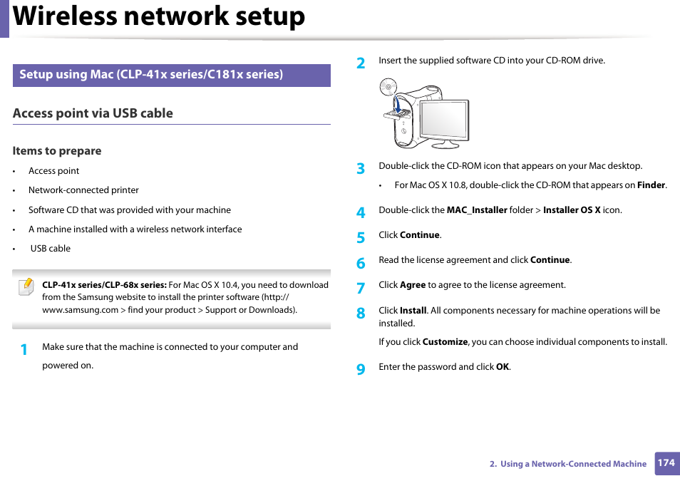 Wireless network setup, Access point via usb cable | Samsung SL-C1810W-XAA User Manual | Page 174 / 308