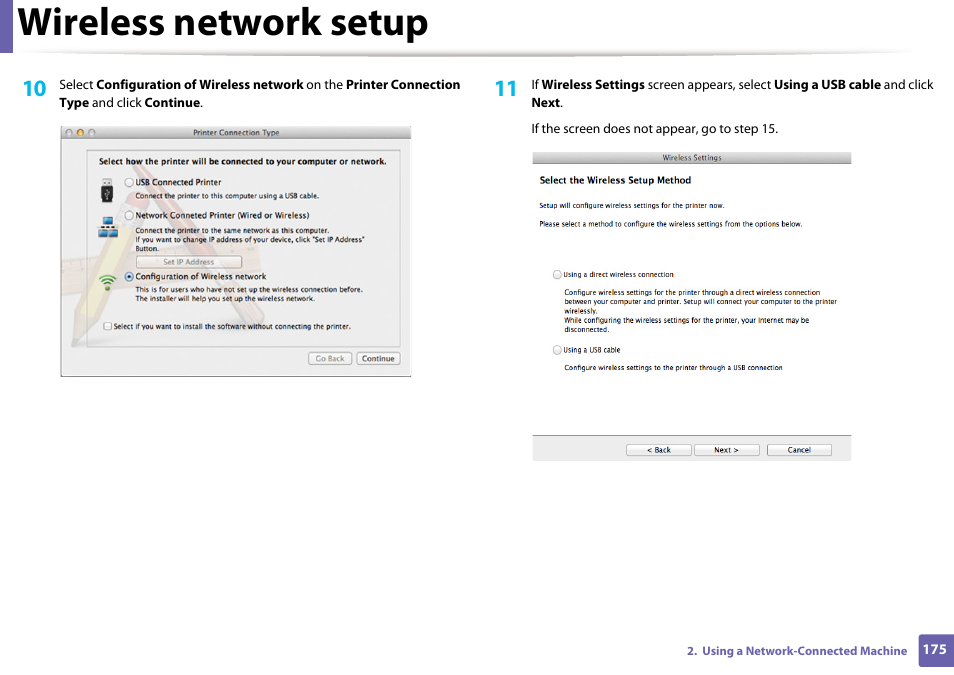 Wireless network setup | Samsung SL-C1810W-XAA User Manual | Page 175 / 308