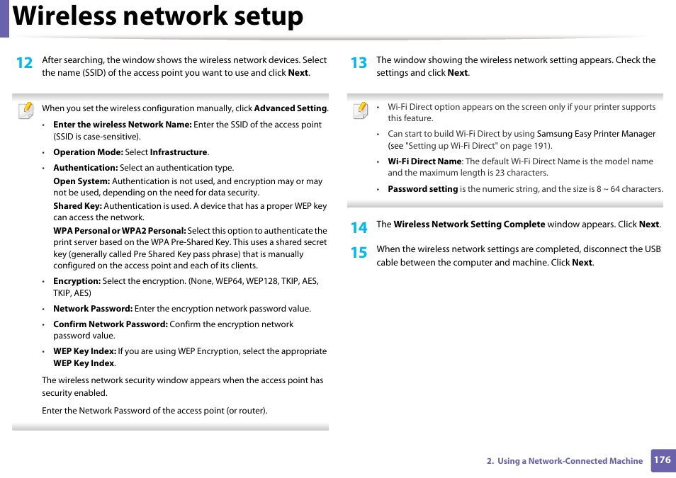Wireless network setup | Samsung SL-C1810W-XAA User Manual | Page 176 / 308