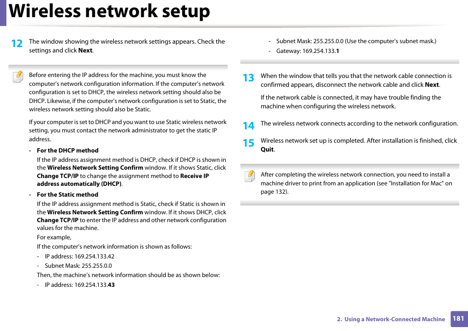 Wireless network setup | Samsung SL-C1810W-XAA User Manual | Page 181 / 308