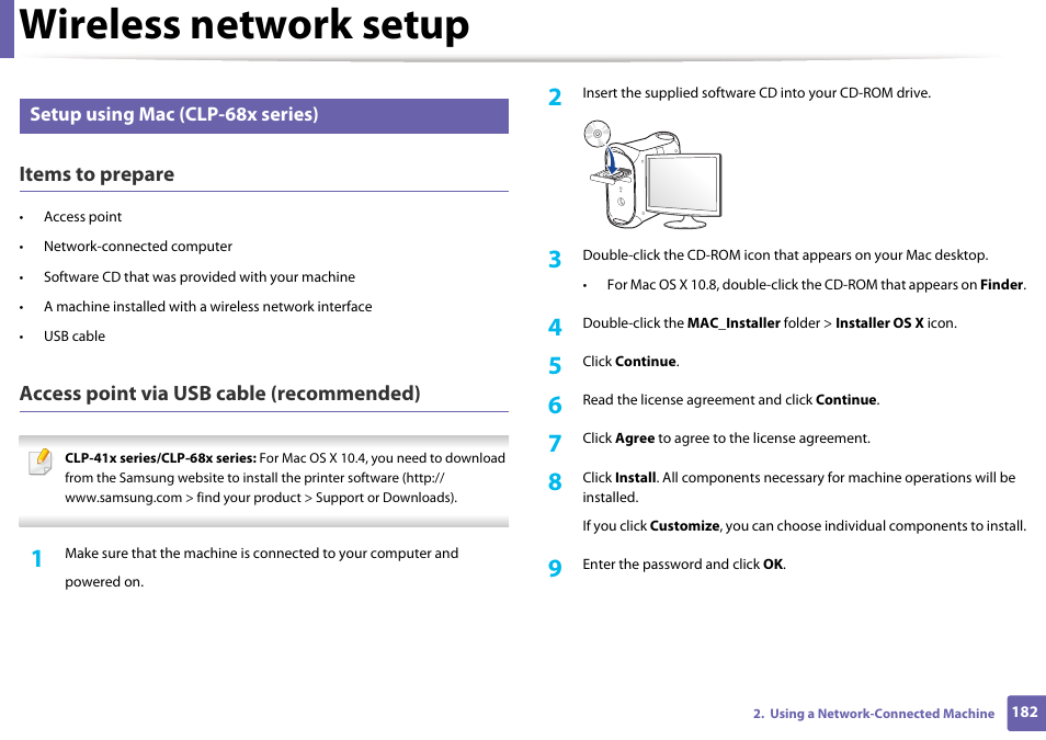 Wireless network setup, Items to prepare, Access point via usb cable (recommended) | Samsung SL-C1810W-XAA User Manual | Page 182 / 308