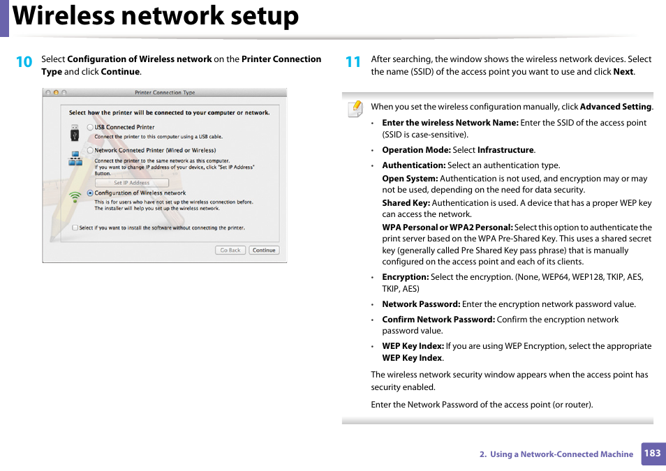 Wireless network setup | Samsung SL-C1810W-XAA User Manual | Page 183 / 308