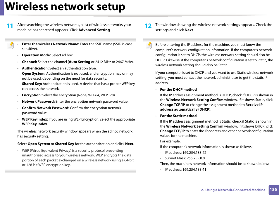 Wireless network setup | Samsung SL-C1810W-XAA User Manual | Page 186 / 308
