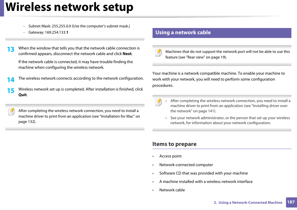 Wireless network setup, Items to prepare, Using a network cable | Samsung SL-C1810W-XAA User Manual | Page 187 / 308