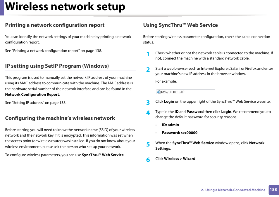 Wireless network setup | Samsung SL-C1810W-XAA User Manual | Page 188 / 308