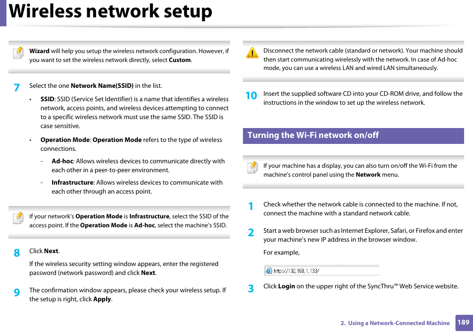 Wireless network setup, Turning the wi-fi network on/off | Samsung SL-C1810W-XAA User Manual | Page 189 / 308