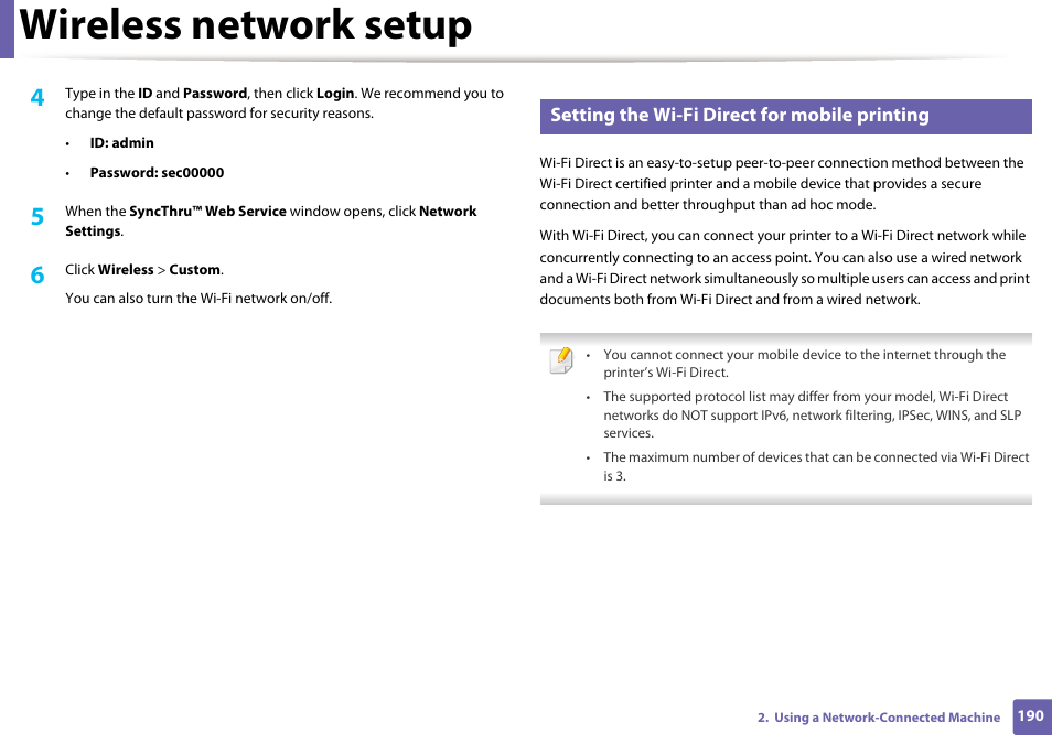 Wireless network setup, Setting the wi-fi direct for mobile printing | Samsung SL-C1810W-XAA User Manual | Page 190 / 308