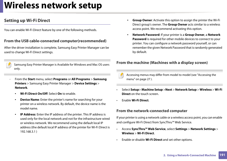Wireless network setup, Setting up wi-fi direct | Samsung SL-C1810W-XAA User Manual | Page 191 / 308