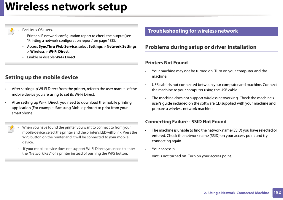 Wireless network setup, Setting up the mobile device, Problems during setup or driver installation | Troubleshooting for wireless network | Samsung SL-C1810W-XAA User Manual | Page 192 / 308