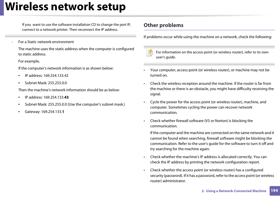 Wireless network setup, Other problems | Samsung SL-C1810W-XAA User Manual | Page 194 / 308