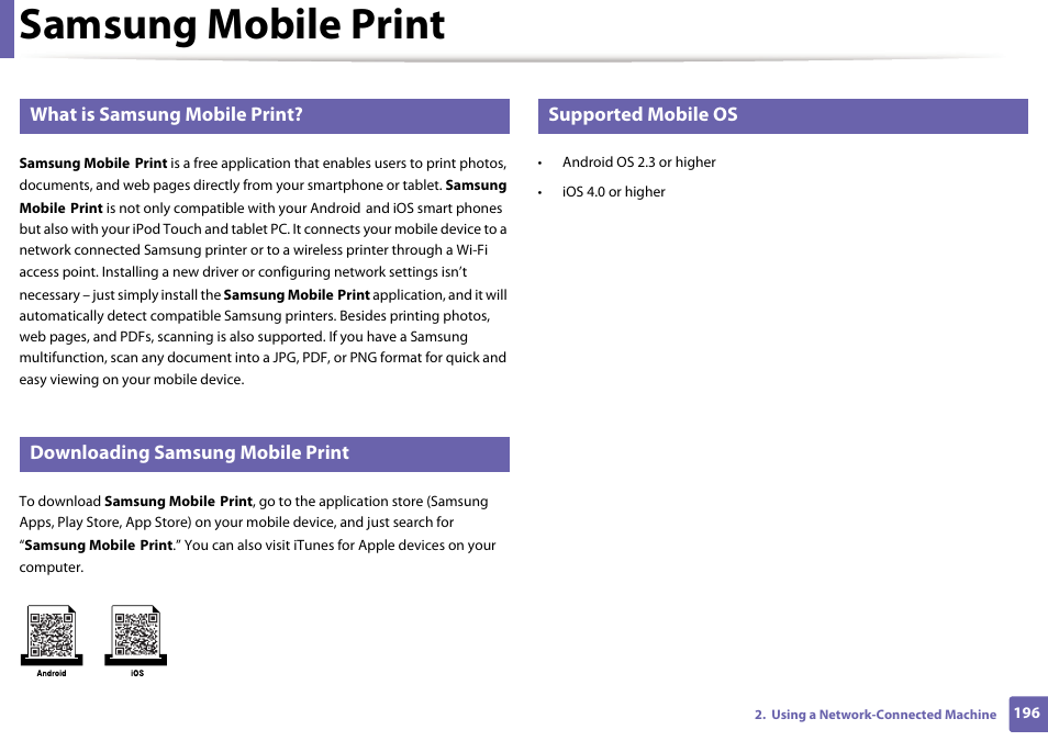 Samsung mobile print, What is samsung mobile print, Downloading samsung mobile print | Supported mobile os | Samsung SL-C1810W-XAA User Manual | Page 196 / 308