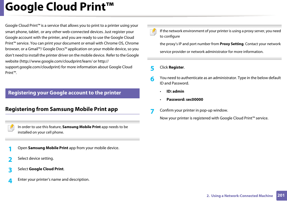 Google cloud print, Registering from samsung mobile print app, Registering your google account to the printer | Samsung SL-C1810W-XAA User Manual | Page 201 / 308